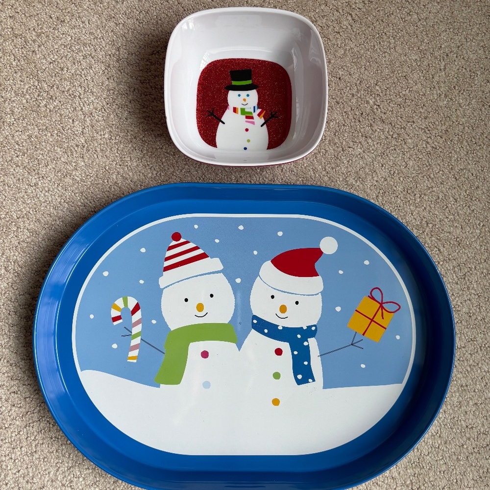 Snowman Holiday serving tray and bowl